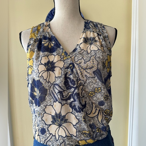 Rachel Roy | Blue & Yellow Floral Sleeveless Faux Wrap Cropped Fit Blouse - Picture 1 of 5